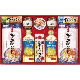夏の贈り物お中元 バラエティギフト マルトモ 日清キャノーラ油（350g）・北海道産ぶりほぐし（50g）・直火焼ソフトパック（2.5g×7袋）×各2、昆布かつおつゆ（500ml）・ライトツナフレーク（