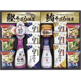 夏の贈り物お中元 キッコーマン&アマノフーズ食卓詰合せ 白子だし塩のり・白子味のり（各8切5枚）×各3、アマノおみそ汁（なす・ほうれん草・とうふ）×各2、キッコーマン（しぼりたて生しょうゆ・牡蠣だしし