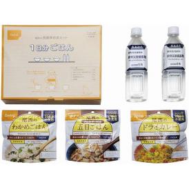 春の贈り物 1日分ごはん 尾西食品 志布志の自然水（500ml）×2、わかめごはん・アレルギー対応五目ごはん・ドライカレー（各100g）×各1