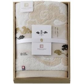 夏の贈り物お中元 唐長文様コンパクトバスタオル（木箱入） 今治謹製 オレンジ 約50×100cm