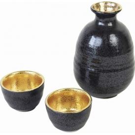 夏の贈り物お中元 高田焼酒器釉重ね金彩天目 ぐい呑（直径5.5×3.5cm）×2、徳利（直径8×11.5cm・280ml）×1