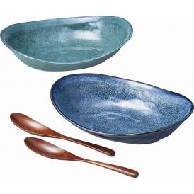 夏の贈り物お中元 オーバルカレーペア 釉変わり カレー鉢（約18.5×24×6cm）・木製スプーン×各2