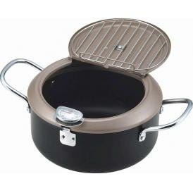 夏の贈り物お中元 バット蓋付天ぷら鍋20cm 食彩亭 0.9L（適正容量）、2.6L（満水容量） 本体・蓋：鉄（シリコン焼付塗装）、取っ手：鉄（クロムメッキ）、アミ：ステンレス鋼 ★温度計付