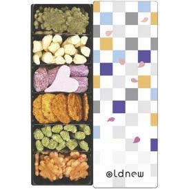 夏の贈り物お中元 彩 あられ Oldnew 一口たがね（25g）・抹茶あられ（24g）・生姜あられ・桜青のりあられ（各22g）・桜小海老あられ（20g）・紫いもあられ（13g）・飾り菓子（3g）×各1