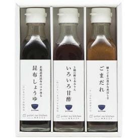 夏の贈り物お中元 料理家 栗原はるみ監修 調味料3本セット ゆとりのキッチン ごまだれ（245g）・昆布しょうゆ（235g）・いろいろ甘酢（220g）×各1