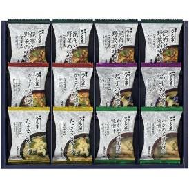 夏の贈り物お中元 道場六三郎 フリーズドライ ギフト ろくさん亭 昆布と野菜の味噌汁×4、かきたま味噌汁赤だし仕立・茄子の味噌汁・たまごスープ・わかめと油あげの味噌汁×各2