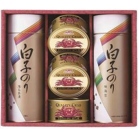 夏の贈り物お中元 海苔・かに缶詰合せ 白子のり まるずわいがにほぐし肉（110g）×3、焼のり14袋詰（8切5枚）・のり茶漬け（12袋）×各1
