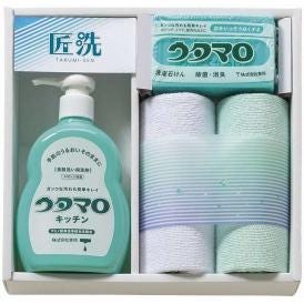 夏の贈り物お中元 石鹸・キッチン洗剤ギフト ウタマロ マイクロファイバークロス（中国）（25×25cm）×2、ウタマロキッチン（300ml）・ウタマロ石鹸（133g）×各1
