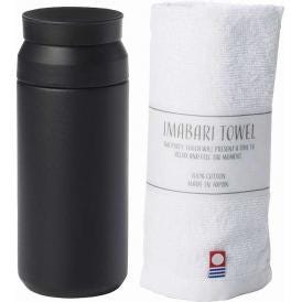 夏の贈り物お中元 ボトル340ml＆今治タオル AMli HOME ブラック ボトル：直径6.5×16.7cm、ウォッシュタオル：34×30cm ★保温効力：55℃以上（6時間）、保冷効力：9℃以下（