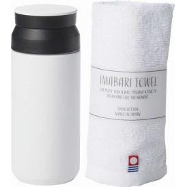 夏の贈り物お中元 ボトル340ml＆今治タオル AMli HOME ホワイト ボトル：直径6.5×16.7cm、ウォッシュタオル：34×30cm ★保温効力：55℃以上（6時間）、保冷効力：9℃以下（