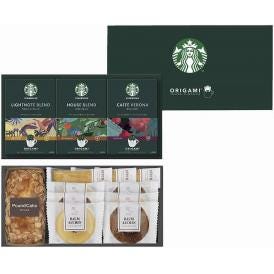 夏の贈り物お中元 スターバックスコーヒー＆スイーツギフト バウムクーヘン（ココア・バニラ）・スティックパイ（プレーン）×各3、スターバックスオリガミドリップコーヒー（ハウスブレンド・カフェべロナ・ライ