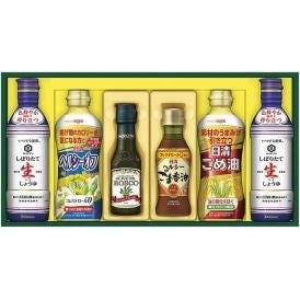 夏の贈り物お中元 調味料ギフト 日清オイリオ キッコーマンしぼりたて生しょうゆ（450ml）×2、ヘルシーオフ・こめ油（各350g）・ヘルシーごま香油（145g）・ボスコエキストラバージンオリーブオイ