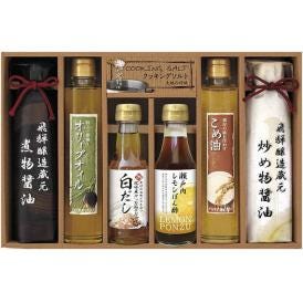 夏の贈り物お中元 厳選こだわり調味料ギフト 美食ファクトリー 煮物醤油・炒め物醤油（各200ml）・エクストラバージンオリーブオイル・こめ油（各165g）・瀬戸内レモンぽん酢・枕崎産鰹だし使用白だし（