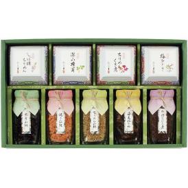 夏の贈り物お中元 京楽味 京・料亭 わらびの里 海老わかめ（65g）・牛肉おぼろ煮・深山椎茸（各60g）・木耳山椒（55g）・ちりめんくぎ煮・梅ひじき・しば漬ちりめん（各50g）・焼き紅鮭（43g）・
