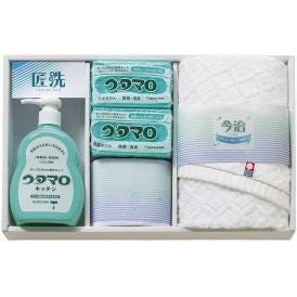 夏の贈り物お中元 石鹸・キッチン洗剤ギフト ウタマロ ウタマロ石鹸（133g）×2、ウタマロキッチン（300ml）・今治フェイスタオル（28×75cm）・マイクロファイバークロス（中国）（25×25c
