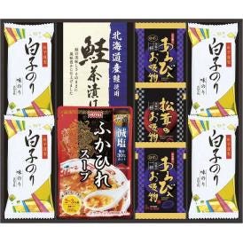 春の贈り物 贅沢フリーズドライとふかひれスープ 白子のり（8切5枚）×4、あわび入お吸物（4g）×2、ふかひれスープ（160g）・松茸のお吸物（4.2g）・北海道産鮭茶漬け（4g×2袋）×各1