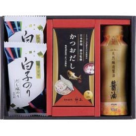 夏の贈り物お中元 和の調味料詰合せ 白子だし塩のり（8切5枚）×2、伊賀越天然醸造醤油（200ml）・日本料理神谷監修かつおだし（4g×8袋）×各1