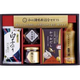 夏の贈り物お中元 和の調味料詰合せ 伊賀越天然醸造醤油（200ml）・のり佃煮（80g）･鮭ほぐし（50g）・日本料理神谷監修かつおだし（4g×8袋）・白子だし塩のり（8切5枚）×各1