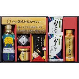 夏の贈り物お中元 和の調味料詰合せ 白子だし塩のり（8切5枚）×2、昭和キャノーラ油（300g）・伊賀越天然醸造醤油（200ml）・のり佃煮（80g）・鮭ほぐし（50g）・日本料理神谷監修かつおだし（