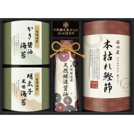夏の贈り物お中元 天然醸造蔵仕込み 和心詰合せ 伊賀越 天然醸造蔵仕込み天然醸造醤油（200ml）・有明海産（牡蠣醤油海苔・明太子風味海苔）（各8切8枚）・本枯れ鰹節（2g×3袋）×各1