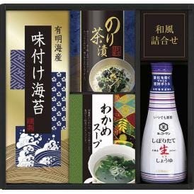 夏の贈り物お中元 キッコーマン生しょうゆ＆和食詰合せ キッコーマンしぼりたて生しょうゆ（200ml）・わかめスープ（5.3g×2袋）・のり茶漬（4.3g×2袋）・有明海産味付け海苔（3切6枚）×各1