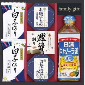 夏の贈り物お中元 日清キャノーラバラエティギフト 白子だし塩のり（8切5枚）×2、日清キャノーラ油（400g）・永谷園お茶漬けのり（4.7g×2袋）・永谷園お吸いもの松茸風味（2.3g×2袋）・鰹節削