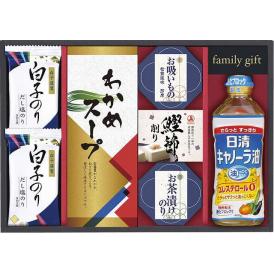 夏の贈り物お中元 日清キャノーラバラエティギフト 白子だし塩のり（8切5枚）×2、日清キャノーラ油（400g）・わかめスープ（5.3g×4袋）・永谷園お茶漬けのり（4.7g×2袋）・永谷園お吸いもの松