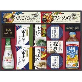 夏の贈り物お中元 日清キャノーラバラエティギフト 白子だし塩のり（8切5枚）×2、日清キャノーラ油（400g）・キッコーマン減塩しょうゆ（200ml）・シマヤ焼きあごだし（8g×4袋）・わかめスープ（