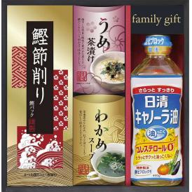 夏の贈り物お中元 日清オイリオ食卓詰合せ 日清キャノーラ油（400g）・わかめスープ（5.3g×2袋）・うめ茶漬け（4.3g×2袋）・鰹節削り（2g×4袋）×各1