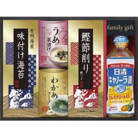 夏の贈り物お中元 日清オイリオ食卓詰合せ 日清キャノーラ油（400g）・わかめスープ（5.3g×2袋）・うめ茶漬け（4.3g×2袋）・鰹節削り（2g×4袋）・有明海産味付け海苔（3切6枚）×各1