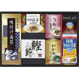 夏の贈り物お中元 日清オイリオ食卓詰合せ 日清キャノーラ油（400g）・わかめスープ（5.3g×2袋）・のり玉子ふりかけ（4.5g×2袋）・うめ茶漬け（4.3g×2袋）・鰹節削り（2g×4袋）・有明海