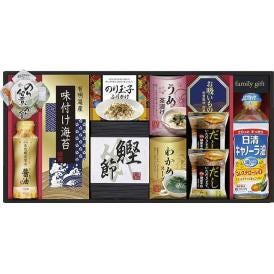 夏の贈り物お中元 日清オイリオ食卓詰合せ たまごスープ（5.4g）×2、日清キャノーラ油（400g）・伊賀越天然醸造しょうゆ（200ml）・島の香のり佃煮（80g）・わかめスープ（5.3g×2袋）・の
