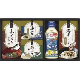 夏の贈り物お中元 日清MCTリセッタ＆和風詰合せ 日清MCTリセッタ（200g）・あごだし(6g×2)・海苔茶漬け(5.5g×2)・ふぐ入りお吸い物（3.2g×3)・海老しらすふりかけ(3g×3）×各