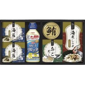 夏の贈り物お中元 日清MCTリセッタ＆和風詰合せ 海苔茶漬け(5.5g×2)×2、日清MCTリセッタ（200g）・鮪油漬けフレーク（70g）・あごだし(6g×2)・海老しらすふりかけ(3g×3）×各1