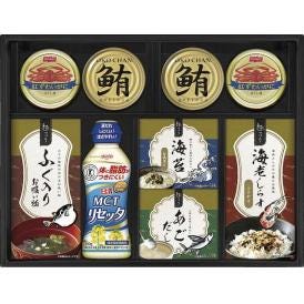 夏の贈り物お中元 日清MCTリセッタ＆和風詰合せ 鮪油漬けフレーク（70g）・ニッスイ紅ずわいがにほぐし身（55g）×各2、日清MCTリセッタ（200g）・あごだし(6g×2)・海苔茶漬け(5.5g×