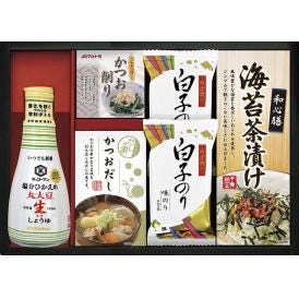 夏の贈り物お中元 キッコーマン塩分ひかえめ生しょうゆ詰合せギフト 白子のり味のり（8切5枚）×2、キッコーマン塩分ひかえめ丸大豆生しょうゆ（200ml）・海苔茶漬け（6g×5）・かね七かつおだし（4g