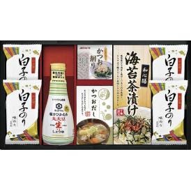 春の贈り物 キッコーマン塩分ひかえめ生しょうゆ詰合せギフト 白子のり味のり（8切5枚）×4、キッコーマン塩分ひかえめ丸大豆生しょうゆ（200ml）・海苔茶漬け（6g×5）・かね七かつおだし（4g