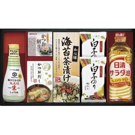 夏の贈り物お中元 キッコーマン塩分ひかえめ生しょうゆ詰合せギフト 白子のり味のり（8切5枚）×2、日清サラダ油（400g）・キッコーマン塩分ひかえめ丸大豆生しょうゆ（200ml）・海苔茶漬け（6g×5