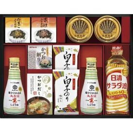 春の贈り物 キッコーマン塩分ひかえめ生しょうゆ詰合せギフト キッコーマン塩分ひかえめ丸大豆生しょうゆ（200ml）・宝幸貝柱水煮ほぐし身（65g）・白子のり味のり（8切5枚）×各2、日清サラダ油