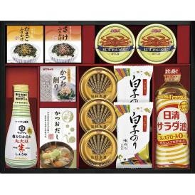 夏の贈り物お中元 キッコーマン塩分ひかえめ生しょうゆ詰合せギフト 宝幸貝柱水煮ほぐし身（65g）×3、ニッスイ紅ずわいがにほぐし身（55g）・白子のり味のり（8切5枚）×各2、日清サラダ油（400g）