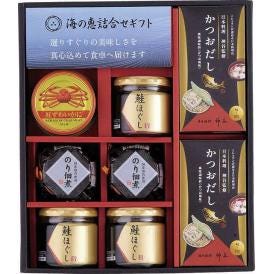 夏の贈り物お中元 海の恵詰合せ 鮭ほぐし（50g）×3、のり佃煮（80g）・日本料理神谷監修かつおだし（4g×8袋）×各2、紅ずわいがにほぐし身（55g）×1