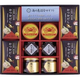 夏の贈り物お中元 海の恵詰合せ 日本料理神谷監修かつおだし（4g×8袋）×4、のり佃煮（80g）・紅ずわいがにほぐし身（55g）・鮭ほぐし（50g）×各2