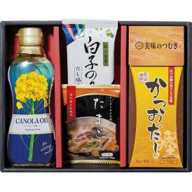 夏の贈り物お中元 美味のつむぎ バラエティセット 昭和キャノーラ油（300g）・かつおだし（4g×4袋）・たまごフリーズドライスープ・白子だし塩のり（8切5枚）×各1