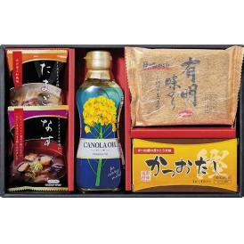 夏の贈り物お中元 美味のつむぎ バラエティセット 昭和キャノーラ油（300g）・かつおだし（4g×4袋）・フリーズドライ（なす味噌汁・たまごスープ）・白子有明味のり（8切8枚）×各1