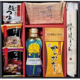 夏の贈り物お中元 美味のつむぎ バラエティセット 昭和キャノーラ油（300g）・讃岐うどん（180g）・めんつゆ濃縮（30ml）・かつおだし（4g×4袋）・フリーズドライ（なす味噌汁・たまごスープ）・