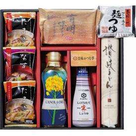 夏の贈り物お中元 美味のつむぎ バラエティセット たまごフリーズドライスープ×2、昭和キャノーラ油（300g）・キッコーマンしぼりたて生醤油（200ml）・讃岐うどん（180g）・めんつゆ濃縮（30m