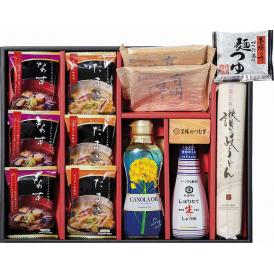 夏の贈り物お中元 美味のつむぎ バラエティセット フリーズドライ（なす味噌汁・たまごスープ）×各3、白子有明味のり（8切8枚）×2、昭和キャノーラ油（300g）・キッコーマンしぼりたて生醤油（200m