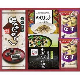 夏の贈り物お中元 アマノフーズ＆永谷園 食卓セット アマノなすおみそ汁（9.5g）×2、永谷園お茶づけ海苔（6.3g×3袋）・のり玉子ふりかけ（4.5g×2袋）・有明海産味付のり（3切6枚）×各1
