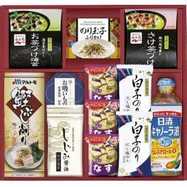 夏の贈り物お中元 アマノフーズ＆永谷園　食卓セット アマノなすおみそ汁（9.5g）×3、しじみ?油味付海苔（8切8枚）・白子だし塩のリ（8切5枚）×各2、日清キャノーラ油（400g）・永谷園お茶づけ海