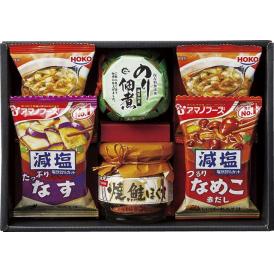 夏の贈り物お中元 食卓バラエティギフト 宝幸オニオンスープ×2、島の香のり佃煮（80g）・ニッスイ焼鮭ほぐし（50g）・アマノフーズ減塩いつものおみそ汁（なす・なめこ）×各１